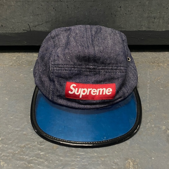 Supreme S/S 2014 Blue Angler Denim Blue Cotton Red Box Logo 5 Panel Hat Caps - Picture 1 of 6